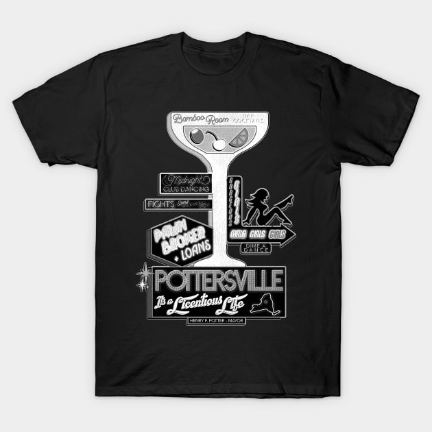 Pottersville (Black and White) T-Shirt by darklordpug